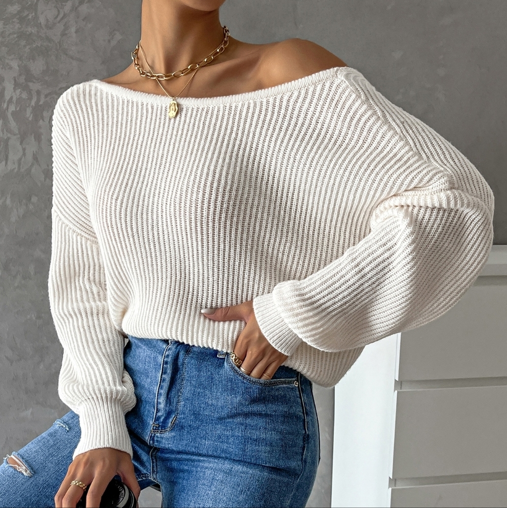 Twist Back Drop Shoulder Boat Neck Sweater - Picture 3 of 5
